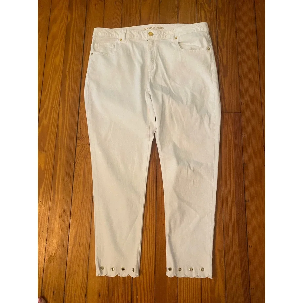 Michael Kors sz 14 White Scalloped Grommet Hem Cropped‎ Straight Leg Jeans